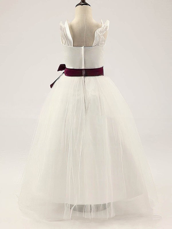 A-line Sweetheart Satin Tulle Floor-length Sashes / Ribbons Flower Girl Dress