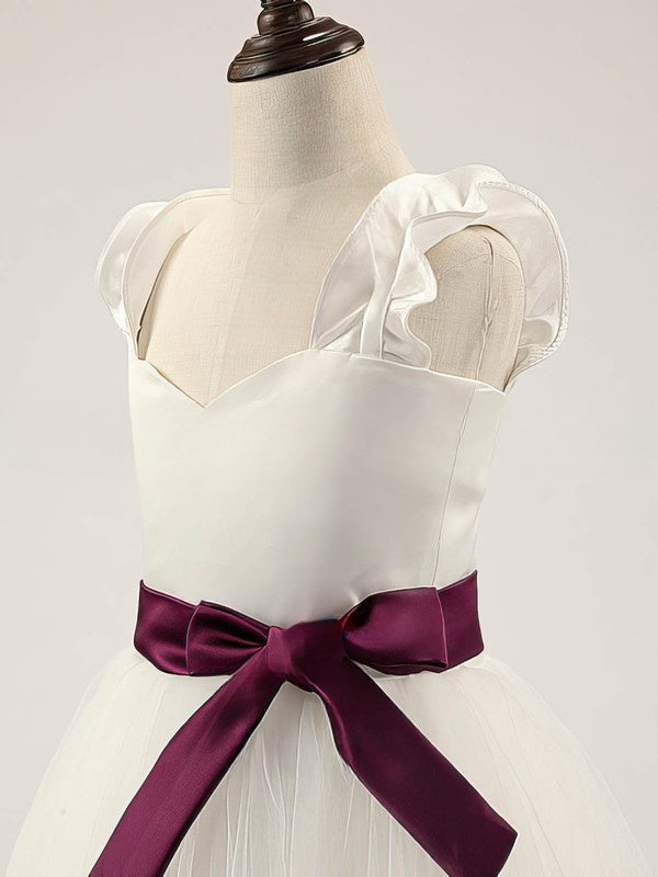 A-line Sweetheart Satin Tulle Floor-length Sashes / Ribbons Flower Girl Dress