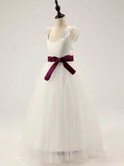 A-line Sweetheart Satin Tulle Floor-length Sashes / Ribbons Flower Girl Dress