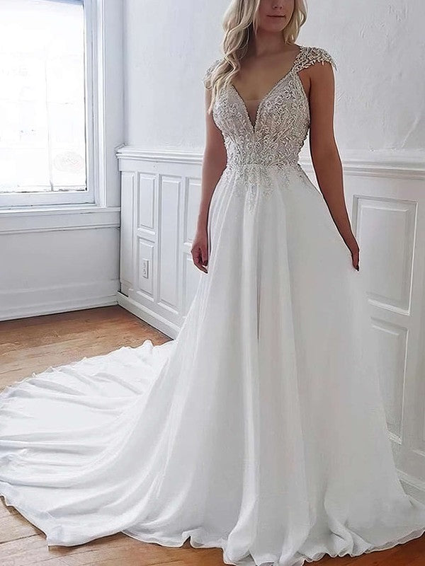 A-line V-neck Chiffon Court Train Wedding Dress With Beading