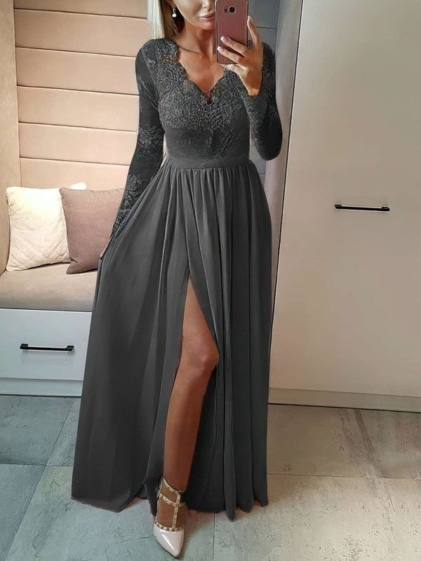 A-line V-neck Chiffon Floor-length Appliques Lace Prom Dresses