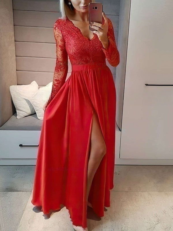 A-line V-neck Chiffon Floor-length Appliques Lace Prom Dresses