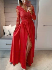 A-line V-neck Chiffon Floor-length Appliques Lace Prom Dresses