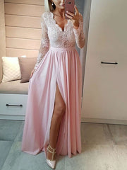 A-line V-neck Chiffon Floor-length Appliques Lace Prom Dresses