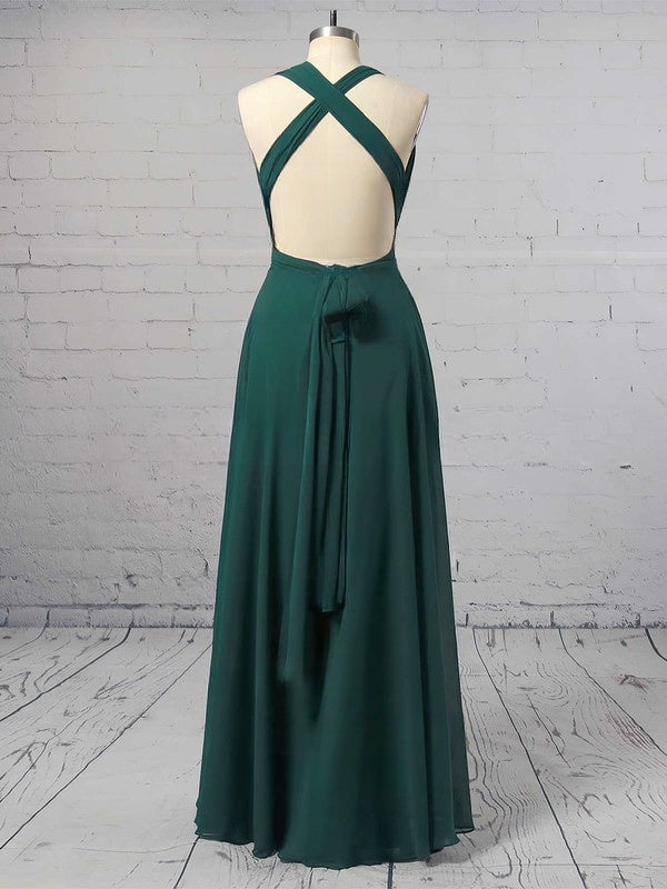 A-line V-neck Chiffon Floor-length Ruffles Prom Dresses