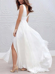 A-line V-neck Chiffon Floor-length Wedding Dresses with Split Front