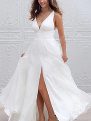 A-line V-neck Chiffon Floor-length Wedding Dresses with Split Front