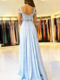 A-line V-neck Chiffon Prom Dress with Appliques & Lace Cap Sleeves