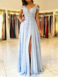 A-line V-neck Chiffon Prom Dress with Appliques & Lace Cap Sleeves