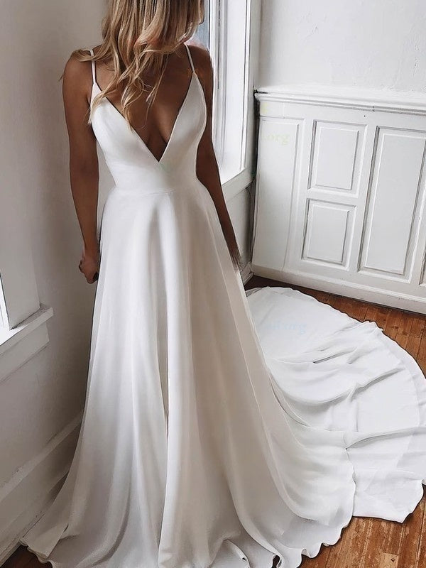 A-Line V-Neck Chiffon Sweep Train Wedding Dress with Lace