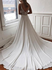 A-Line V-Neck Chiffon Sweep Train Wedding Dress with Lace