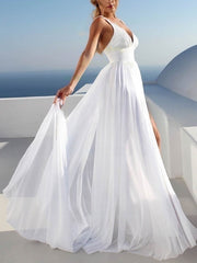 A-line V-neck Chiffon Sweep Train Wedding Dress with Split Front