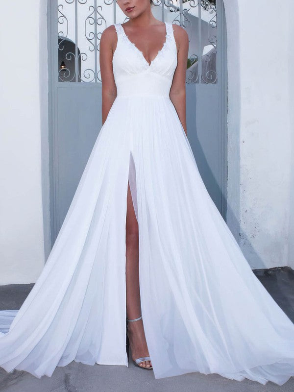 A-line V-neck Chiffon Sweep Train Wedding Dress with Split Front