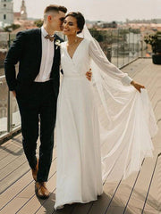 A-line V-neck Chiffon Sweep Train Wedding Dress