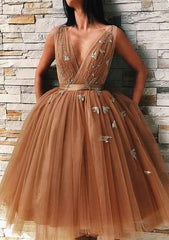 A-Line V Neck Embroidered Tulle Homecoming Dress - Babyonlines