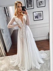 A-line V-neck Glitter Tulle Wedding Dress With Appliques Lace and Sweep Train