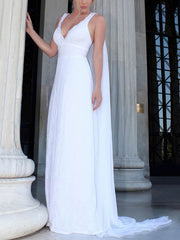 A-line V-neck Lace Chiffon Sweep Train Wedding Dress With Appliques Lace