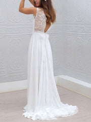 A-line V-neck Lace Chiffon Wedding Dress With Sashes and Ribbons