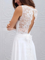 A-line V-neck Lace Chiffon Wedding Dress With Sashes and Ribbons