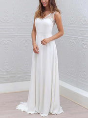 A-line V-neck Lace Chiffon Wedding Dress With Sashes and Ribbons