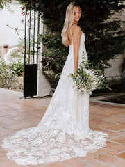 A-Line V-Neck Lace Sweep Train Wedding Dress