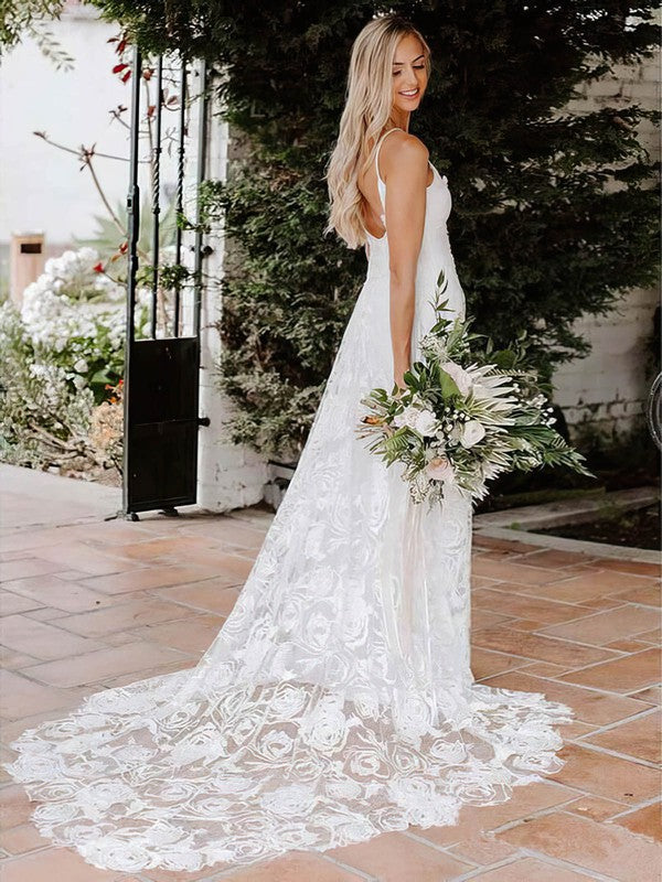 A-Line V-Neck Lace Sweep Train Wedding Dress