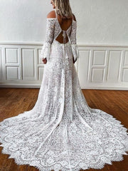 A-line V-neck Lace Sweep Train Wedding Dresses