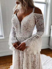 A-line V-neck Lace Sweep Train Wedding Dresses