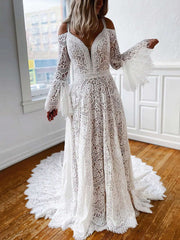 A-line V-neck Lace Sweep Train Wedding Dresses