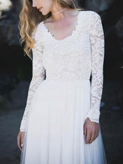 A-line V-neck Lace Tulle Sweep Train Wedding Dress