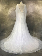 A-line V-neck Lace Tulle Wedding Dress with Appliques and Sweep Train