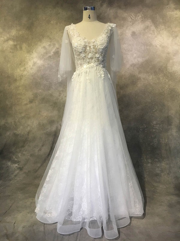 A-line V-neck Lace Tulle Wedding Dress with Appliques and Sweep Train