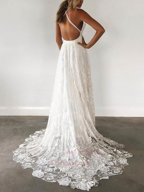 A-Line V-Neck Lace Wedding Dress with Sweep Train