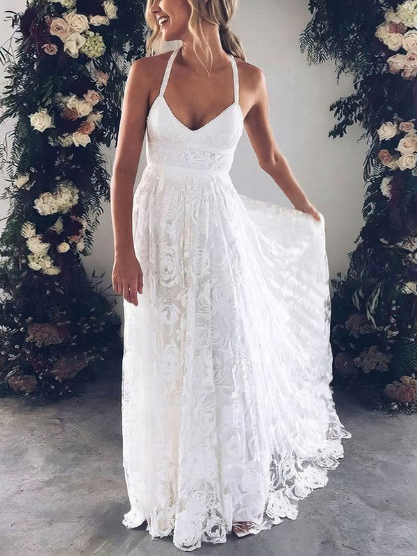 A-Line V-Neck Lace Wedding Dress with Sweep Train