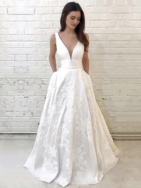 A-line V-neck Satin Floor-length Wedding Dress with Pockets