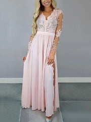 A-Line V-Neck Satin Prom Dress with Appliques and Lace