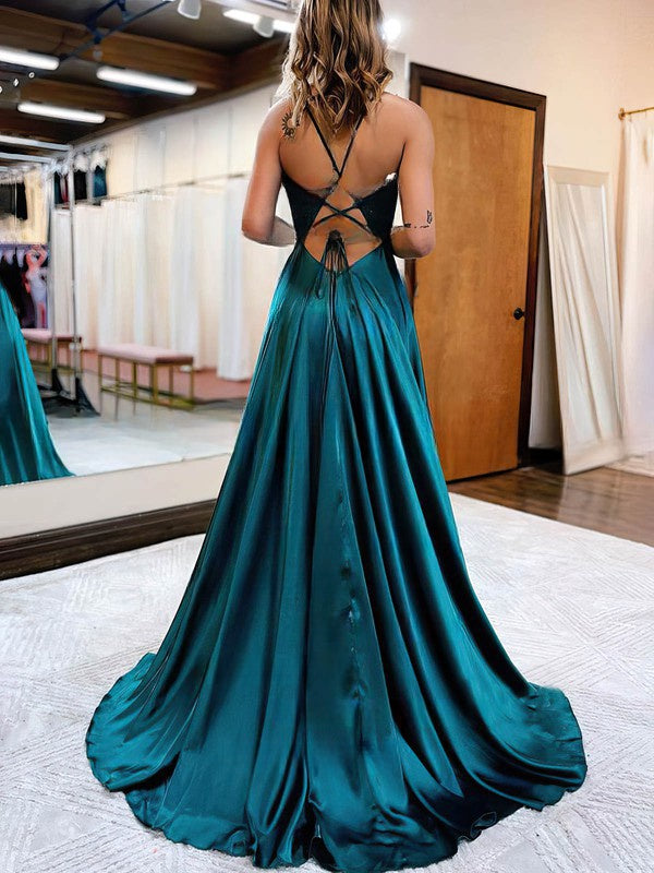 A-line V-neck Satin Prom Dress with Lace Appliques and Sweep Train