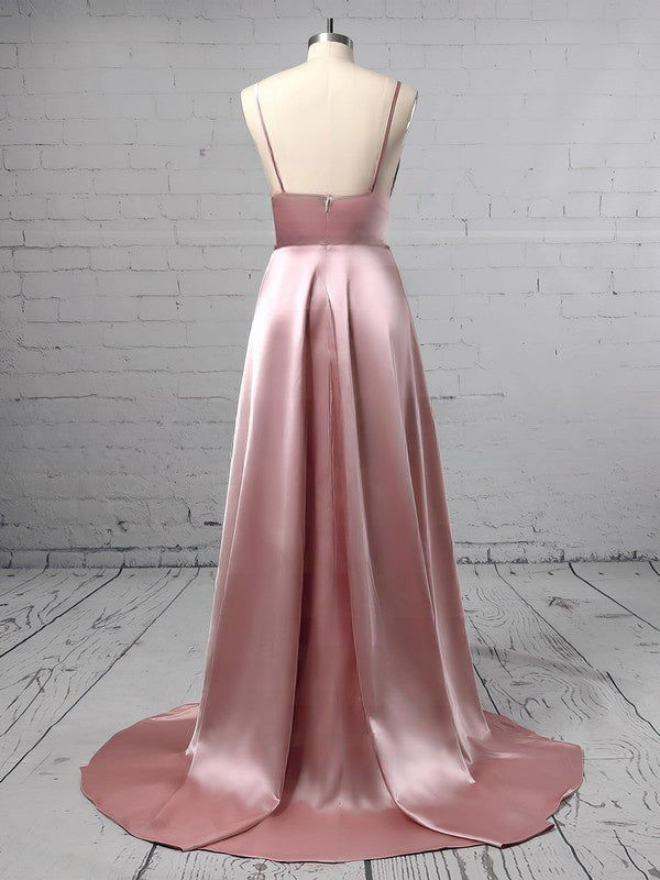 A-line V-neck Satin Split Front Prom Dress with Sweep Train