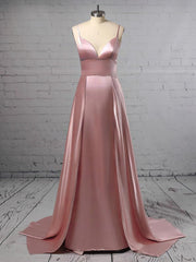 A-line V-neck Satin Split Front Prom Dress with Sweep Train