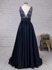 A-line V-neck Satin Sweep Train Beading Prom Dresses