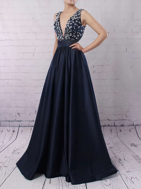 A-line V-neck Satin Sweep Train Beading Prom Dresses