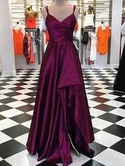 A-line V-neck Silk-like Satin Floor-length Ruffles Prom Dresses