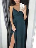 A-line V-neck Silk-like Satin Prom Dress with Floor-length Ruffles