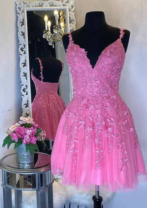 A-Line V-Neck Sleeveless Mini Tulle Homecoming Dress with Appliqued Beading - Babyonlines