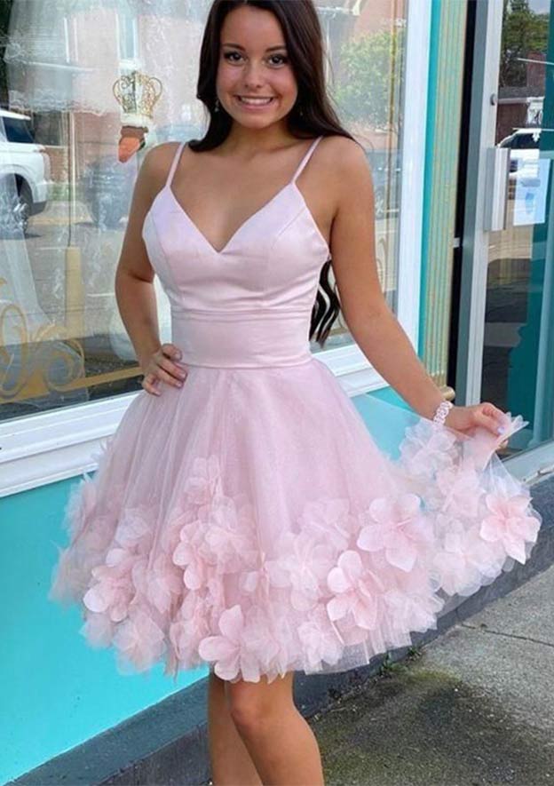 A-Line V-Neck Sleeveless Mini Tulle Homecoming Dress with Flowers - Babyonlines