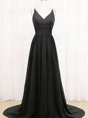 A-line V-neck Split Front Prom Dresses in Silk-like Satin and Sweep Train