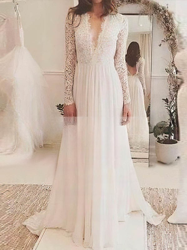 A-line V-neck Tulle Chiffon Wedding Dress with Sweep Train