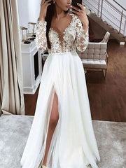 A-Line V-Neck Tulle Floor-Length Wedding Dress With Split Front