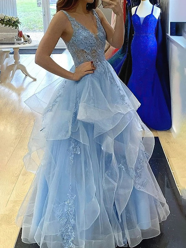 A-line V-neck Tulle Prom Dress With Cascading Ruffles and Sweep Train