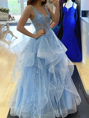 A-line V-neck Tulle Prom Dress With Cascading Ruffles and Sweep Train